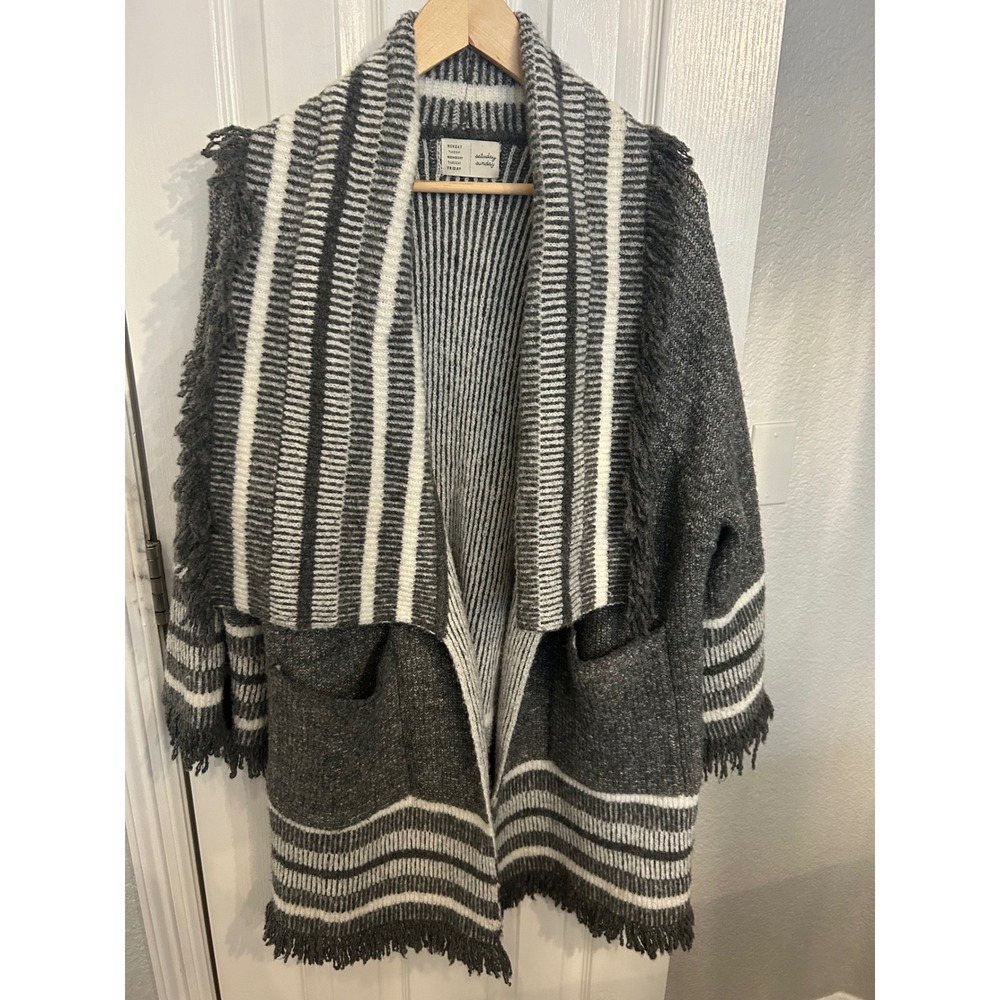 Saturday Sunday Anthropologie Fringe Open Front Cardigan‎ Gray White Striped S/M